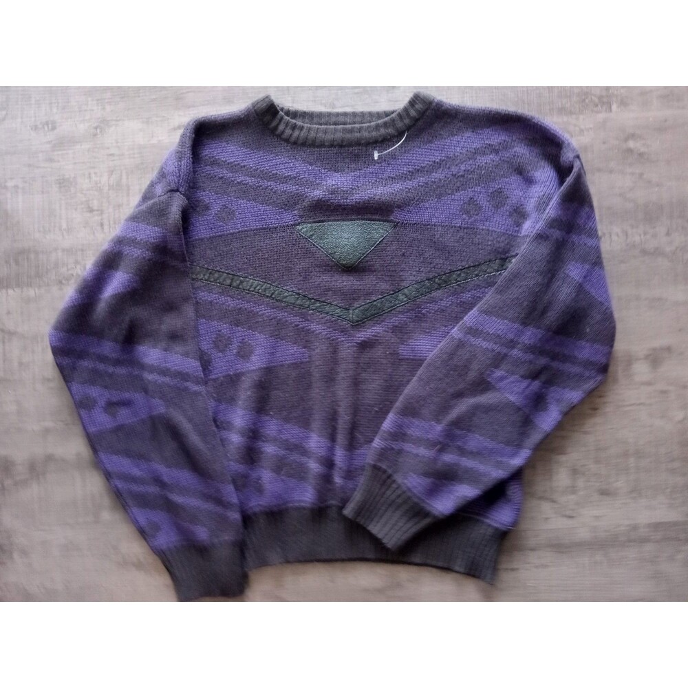 1980s-1990s Acrylic & Genuine Leather Purple & Black Sweater Totally Tubular!